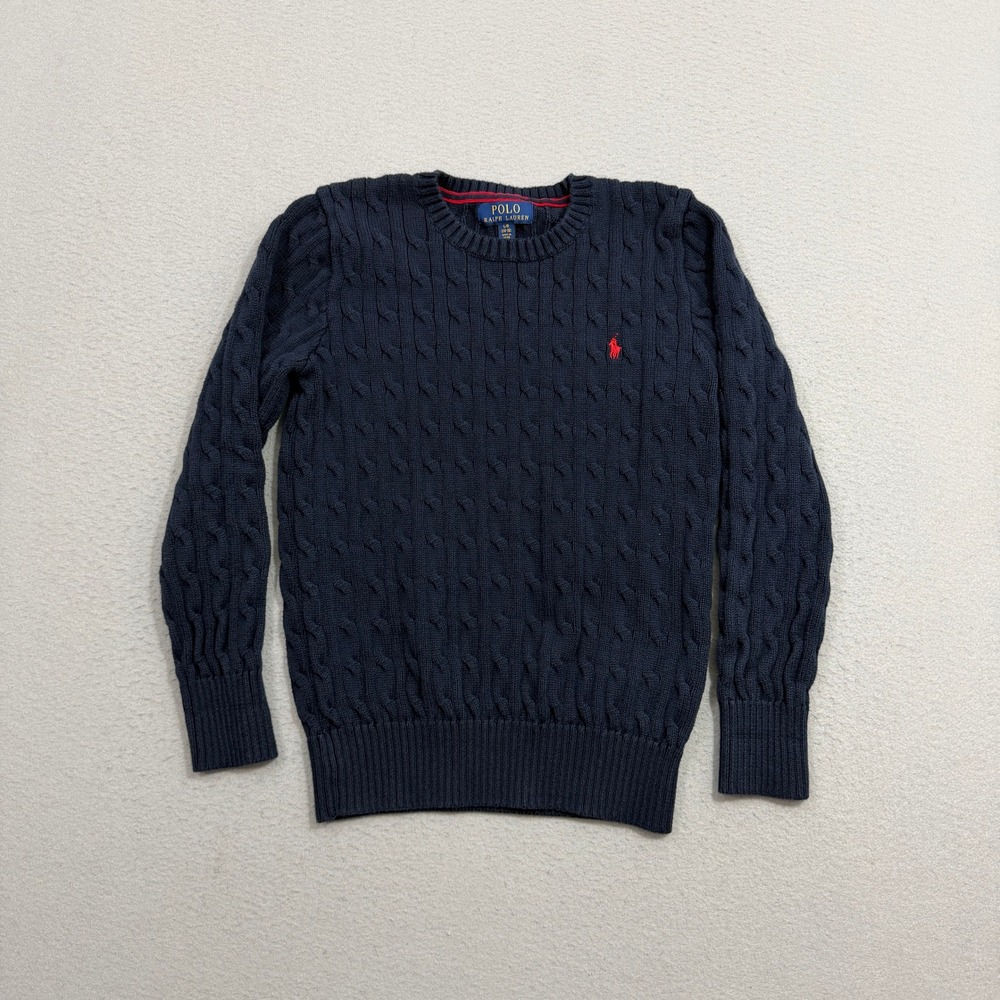 Polo Ralph Lauren Sweater Kids Large 14-16 Navy Blue Cable Knit Cotton Pullover